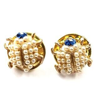 Lot 2 VTG Ladybug Beetles Blue Eyes Bugs Faux Seed Pearl Gold Tone Insect Pins